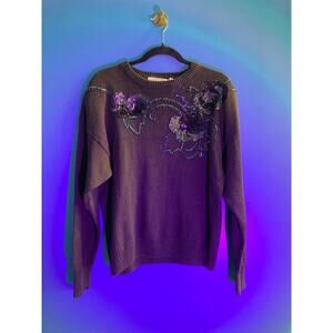 Vintage Sarit Black Floral Beaded Crew Neck Sweater Women's Size Large
